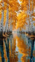 Vibrant autumn landscape reflecting golden trees along a serene river in a peaceful forest setting photo