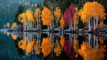 Vibrant autumn colors reflecting on serene lake in a tranquil forest setting at sunset photo