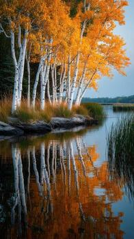 Autumn foliage reflects on calm waters of a serene lake surrounded by birch trees photo