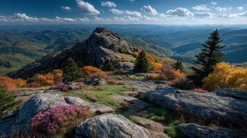 Autumn landscape reveals vibrant foliage and rocky viewpoints in the mountains during a clear afternoon photo