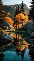 Autumn colors reflected in serene lake surrounded by majestic mountains and vibrant foliage during early morning light photo