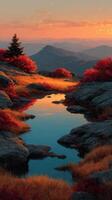 Autumn sunset over a tranquil mountain stream with vibrant foliage reflecting in clear water photo