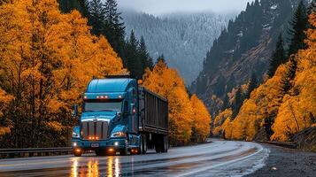 Blue truck driving through vibrant autumn trees on a rainy mountain highway in Oregon photo
