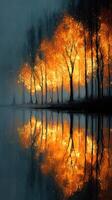 Vibrant autumn trees reflecting in a calm lake at dusk during the fall season photo