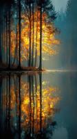 Vibrant autumn foliage reflected in calm lake waters at dawn in a serene forest environment photo