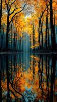 Vibrant autumn scene with golden leaves reflecting in still water at a serene forest location photo