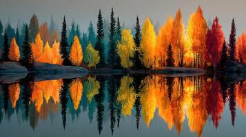 Autumn colors reflecting on a calm lake surrounded by trees in a picturesque natural setting photo