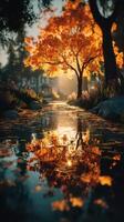 Golden autumn reflection in a serene river surrounded by vibrant trees at sunset in a tranquil park photo