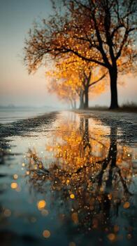 Bright autumn reflection of trees along a misty path during early morning light photo