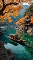 otoño barco paseo en un tranquilo río rodeado por vibrante follaje en un sereno paisaje foto