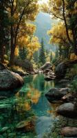 Autumn colors reflected in a tranquil river surrounded by vibrant trees and rocky shores in a serene forest setting photo