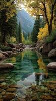 Beautiful river surrounded by vibrant autumn foliage in a mountain landscape during a sunny day photo
