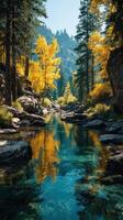 Serene autumn river flowing through vibrant forest with golden foliage in sunny mountain landscape photo