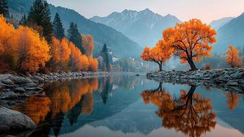 Beautiful autumn landscape with vibrant orange trees by a serene river at sunrise in the mountains photo