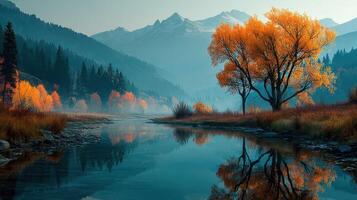 Autumn landscape with vibrant orange trees and serene river reflecting mountains at dawn photo