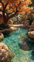 Serene garden oasis with crystal clear water surrounded by autumn foliage and rock formations in a tranquil landscape photo