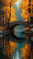Colorful autumn landscape with a stone bridge over a serene river in a quiet forest photo