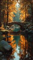 Autumn landscape features a serene stone bridge over a tranquil river surrounded by vibrant fall foliage photo