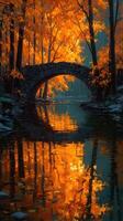 Vibrant autumn colors reflect on a serene creek under a stone bridge in a tranquil forest at dusk photo