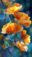 Vibrant ginkgo biloba leaves adorned with water droplets under soft light in a tranquil natural setting photo