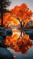 Vivid autumn hues reflected in a tranquil stream surrounded by vibrant trees at sunrise photo
