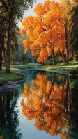 Vibrant autumn foliage reflecting on a peaceful river in a serene park setting photo