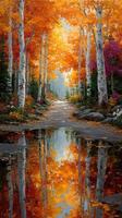 Vibrant autumn landscape featuring colorful trees and a reflective pond in a serene forest photo