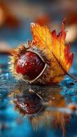 Autumn chestnut with dew resting on a vibrant leaf in a reflective puddle at sunset photo