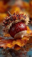 Close-up of a chestnut with spiky shell resting on a wet autumn leaf with droplets in a rustic setting photo