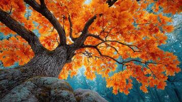 Vibrant orange leaves of a majestic tree stand out in a tranquil forest during autumn's peak photo
