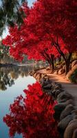 Vibrant red trees line a serene riverbank during early morning light in a peaceful natural setting photo