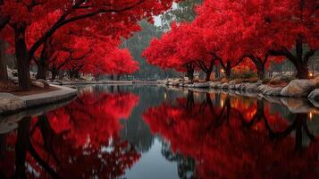 Vibrant autumn trees line a serene pond reflecting bright red foliage in a peaceful park setting photo