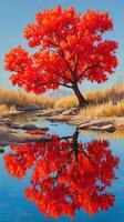 Vibrant red autumn tree reflects in calm water at a serene landscape during sunny day photo