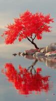 Red-leafed tree reflecting in calm water during autumn, creating a serene landscape scene photo