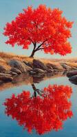 Vibrant autumn tree reflects beautifully in calm water near rocky shore at sunset in serene landscape setting photo