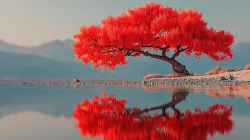 Vibrant red tree stands majestically by tranquil lake reflecting autumn hues in serene landscape photo