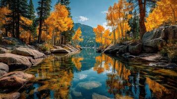 Tranquil autumn lake reflecting vibrant orange foliage in a serene mountain landscape photo
