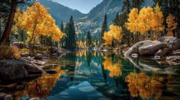 Majestic autumn landscape with vibrant orange trees reflecting on calm lake waters at midday in a serene mountain setting photo