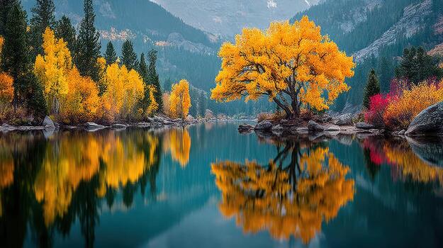 Vibrant autumn landscape with a lone tree by the tranquil river in the mountains photo