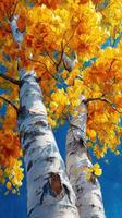 Vibrant yellow leaves on birch trees against a bright blue sky in autumn scenery photo