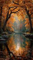 Autumn colors reflecting in a serene river surrounded by vibrant trees photo