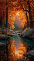 Vibrant autumn forest with deep orange foliage reflecting on a serene stream in a peaceful landscape photo