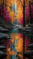 Autumn landscape with vibrant foliage and tranquil stream reflecting colorful trees in serene nature photo