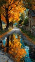 Colorful autumn leaves reflect on a peaceful country road after rain near a rustic building photo
