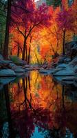 Autumn colors reflect in tranquil water beside rocky banks, creating a stunning fall landscape in nature photo