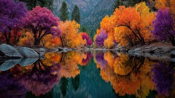 Vibrant autumn colors reflecting on serene lake surrounded by mountains at sunset in peaceful natural setting photo