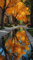 Vibrant autumn colors reflect in still water along a peaceful pathway lined with trees in a serene park setting photo