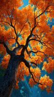 Vibrant orange leaves on a tree branch illuminated by sunlight in autumn forest photo