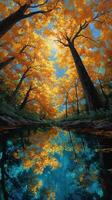 Bright autumn foliage reflects in a serene lake surrounded by towering trees in a tranquil forest photo
