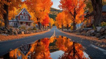 Vibrant autumn colors reflect in a puddle along a quiet road surrounded by charming homes in a picturesque small town photo